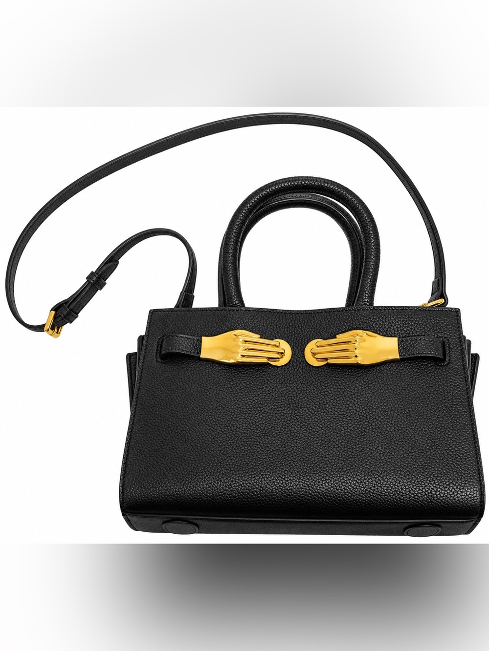 ZORNNA Aieda Black Calfskin Leather Gold Hands Crossbody Bag Box Dust Bag - EUC
